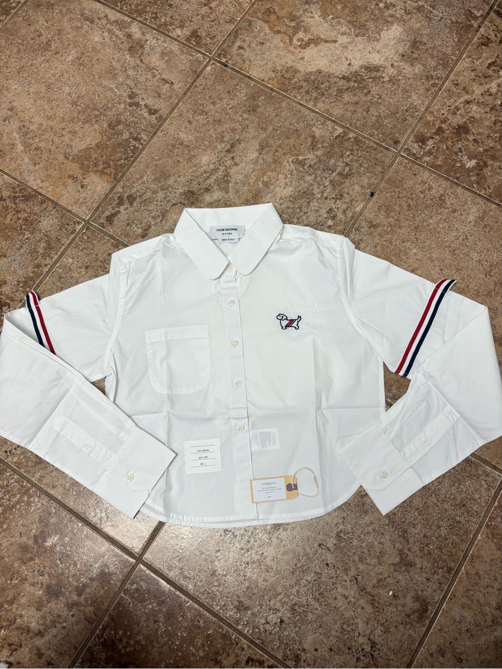 Thom Browne White Button-Down with Red & Navy Sleeve Stripes